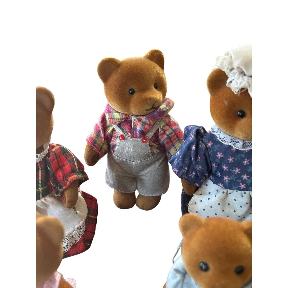 Vintage‎ Applause Flocked Bear Family Set 5 Figures 1980s Retro Toys Brown Red